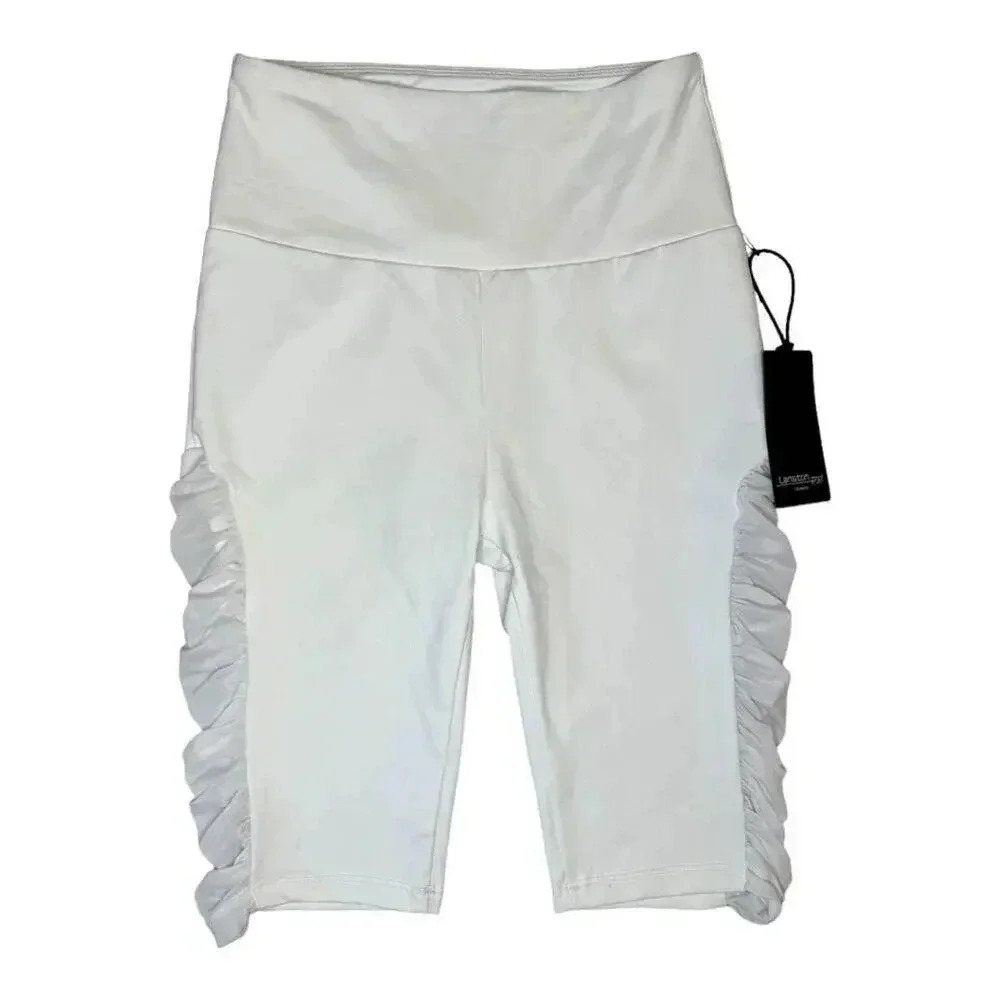 NEW Lanston Sport Women’s XS White‎ Bike Shorts With Ruffled Mesh Sides NWT